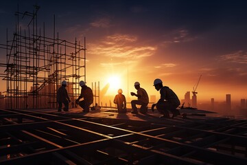 construction workers in silhouette against a dramatic sunrise skyline
 - obrazy, fototapety, plakaty
