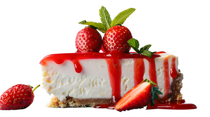 Decadent Slice Of New York Cheesecake, Topped with Fresh Strawberries and A Drizzle of Strawberry Sauce, A Delightful Treat for Any Dessert Lover