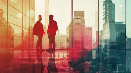 Fototapeta na wymiar Silhouettes of businesspeople against cityscape - Two businesspeople silhouettes are superimposed on a vibrant cityscape, symbolizing partnership and progress