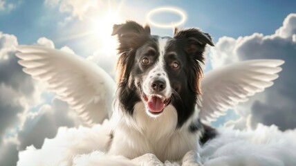 Smiling angelic dog against a sunny backdrop - A joyful representation of a border collie with wings and halo on a backdrop of sunny sky and clouds - obrazy, fototapety, plakaty