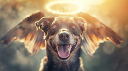 Smiling Black Dog with Angel Wings and Halo - A smiling black dog with stunning angel wings and a sparkling halo in a magical forest setting - obrazy, fototapety, plakaty