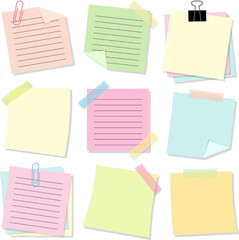 Set of Note Paper Sheet with Binder Clip and Adhesive Tape. Post It Memo Vector Illustration