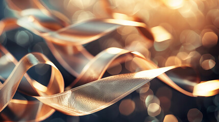Satin ribbons shimmer under the spotlight, illuminating a promotional event with their brilliance. - obrazy, fototapety, plakaty