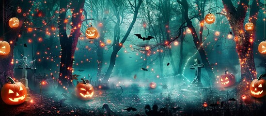 Halloween Scene with Haunted Forest, Pumpkins, and Ghosts under Moonlight. Made with Generative AI Technology