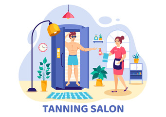 Tanning Salon Vector Illustration of Bed Procedure to Get Exotic Skin with Modern Technology at the Spa Solarium in Flat Cartoon Background