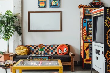 Living room with a couch, table, and arcade machine for a cozy interior design