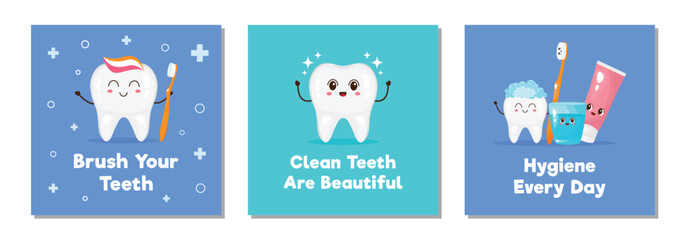 Collection of children's dental banners or posters for dental clinic. Cute teeth and hygiene products. Funny characters for dentistry.