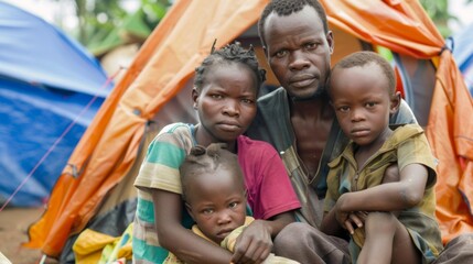 A family of four the parents trying to console their children as they sit in front of a tent their expressions filled with uncertainty and fear for the future.