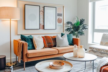 Living room with couch, tables, lamp, and cozy decor