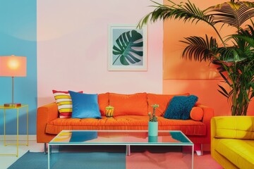 a living room with an orange couch , a yellow couch , a coffee table , and a palm tree
