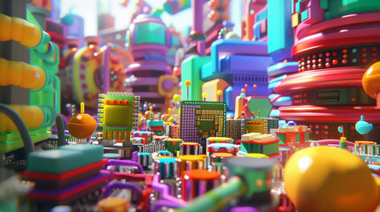 A colorful miniature futuristic city created from electronic devices.