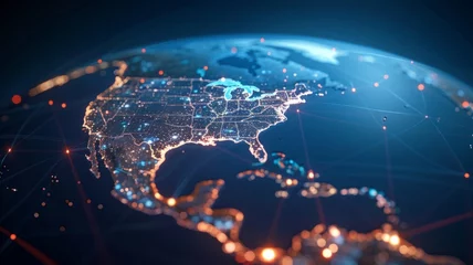 Foto op Plexiglas Detailed USA network connectivity map - Close-up shot of the United States showing network connectivity and data exchange points with glowing connecting lines © Tida
