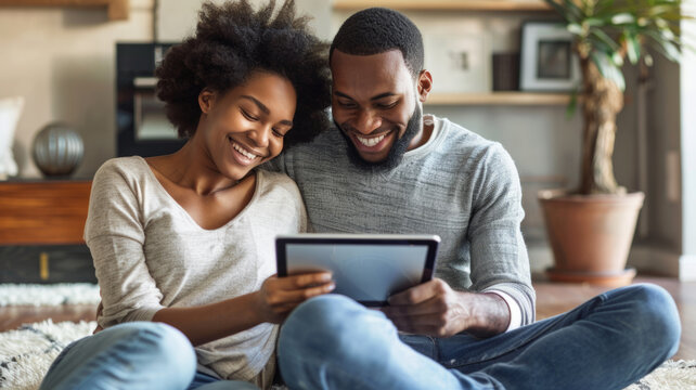 Couple smiling and using a tablet together - Happy couple seated on the floor at home, sharing a tablet with a cozy domestic backdrop