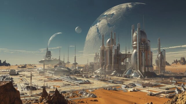Futuristic cityscape with giant planet - A sprawling sci-fi metropolis with futuristic architecture under a massive celestial body evoking awe and progress