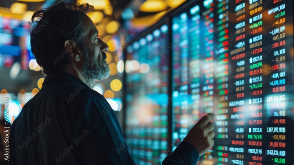 Poster man analyzing stock market data on screens - a focused individual studies real-time stock exchange d
