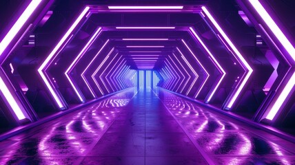 Illuminated hexagonal hallway with blue lights - This image portrays a long corridor with a series of hexagonal shapes lit by calming blue neon lights for a futuristic feel