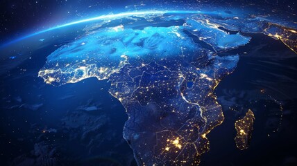 Illuminated Earth from space at night - An inspiring view of Earth from space showing continents illuminated by city lights during nighttime