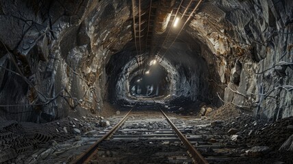 Illuminated mine tunnel with rails - This captivating image portrays an illuminated mine tunnel with metallic railway tracks leading into the darkness - obrazy, fototapety, plakaty