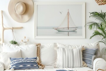 A sailboat picture hangs on the white wall above the couch