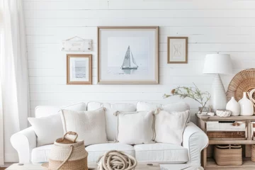 Zelfklevend Fotobehang Building interior with white couch, sailboat painting, furniture, and textiles © yuchen