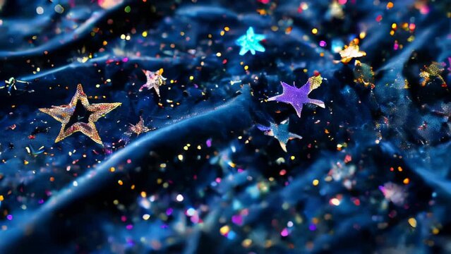 Glowing blue and purple stars float against a deep blue background. The stars vary in size and shape, emitting sparkling light. 