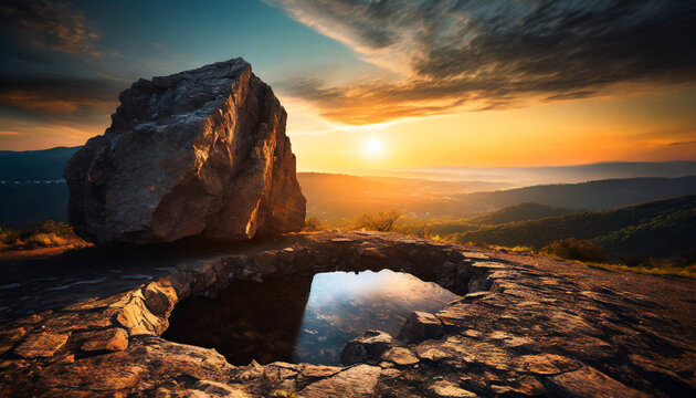 Sunset, mountains, rocks, cliffs, sky, clouds, sand, pond, reflection, beautiful scenery
