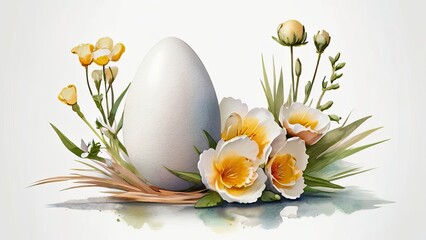 Chicken eggs flowers plants with watercolor Easter