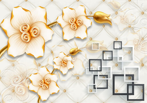 3d illustration golden flowers with diamond butterflies