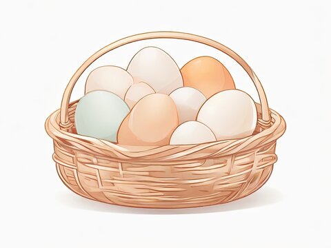 Wicker basket with chicken eggs table Easter.