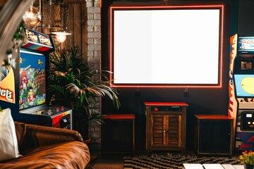Living room with arcade games, projector screen for entertainment - obrazy, fototapety, plakaty