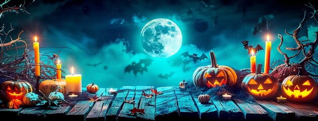 Jack O’ Lantern Illuminating a Table on Spooky Halloween Night Under the Full Moon. Made with Generative AI Technology