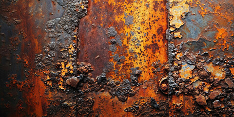 Grunge rusty orange brown metal corten steel stone background texture banner panorama. Peeling paint on the rust wall. Empty for design, pattern, cover, overlay texture, background and other, Surface