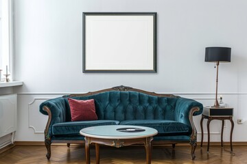 A rectangular picture frame hangs above the couch in the living room