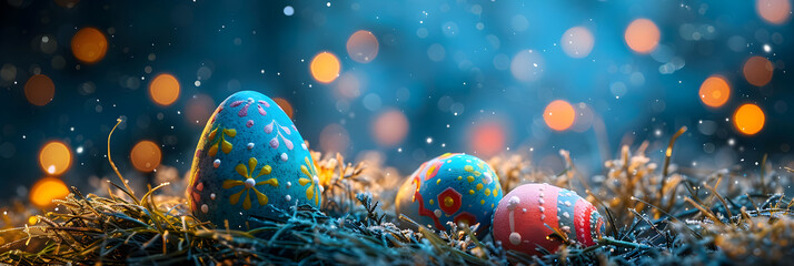 Easter banner with decorated eggs against blooming meadow in spring season for Easter day celebration background and wallpaper  - obrazy, fototapety, plakaty