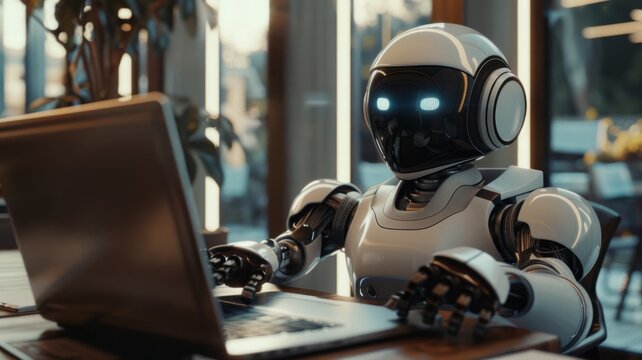 Robot working on laptop at desk - A humanoid robot sits at a wooden desk in a sunlit office, engaging with a laptop, depicting AI integration in work