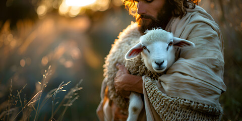 Jesus, the good shepherd, shows tenderness and security toward a lamb, jesus in the woods with sheep by the sun.