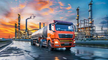 Sunset sky over a driving fuel tanker truck - An orange fuel transport truck moves towards the horizon under a fiery sky at dusk - obrazy, fototapety, plakaty