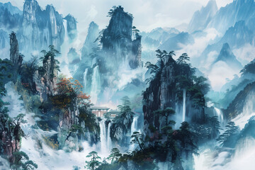 Digital painting of Japanese/Chinese landscapes. Eastern traditional culture. - obrazy, fototapety, plakaty