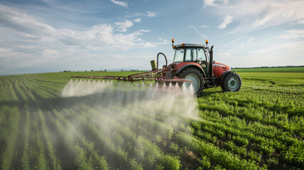 Tractor spraying crops on a sunny day - Agricultural scene of a tractor evenly spraying crops in vast fields under a bright sunny sky, depicting farm technology - obrazy, fototapety, plakaty