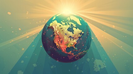 Vibrant Earth illustration with sunbeams - A colorful digital illustration of Earth enhanced with sunbeams and star particles to depict environmental awareness - obrazy, fototapety, plakaty
