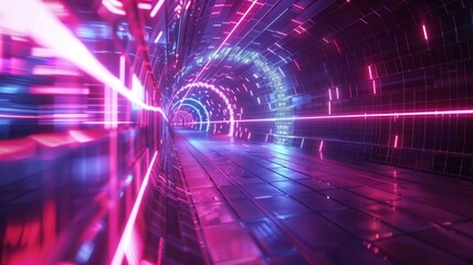 Vibrant neon light tunnel in 3D render - A high-speed journey is visualized in a dynamic 3D rendered neon light tunnel, evoking a sense of futuristic motion