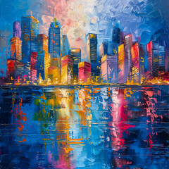 Oil painting Skyline city view with reflections on water.