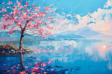 Oil painting landscape, oriental sakura cherry tree in full blossom over lake water.