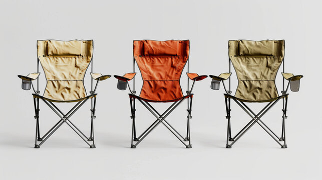 Three camping chairs in different colors staged on a plain background showcasing their blank label for branding