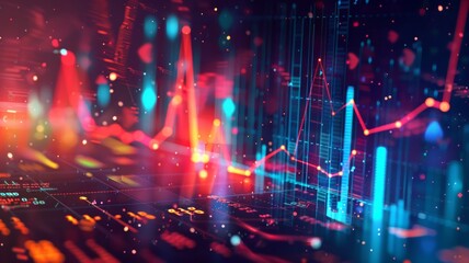 Abstract financial data graph on futuristic background - This image features complex abstract financial data represented on charts over a futuristic glowing background, suggesting analysis and strateg - obrazy, fototapety, plakaty