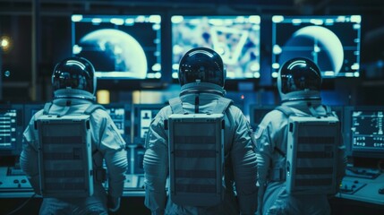 With backs turned to the camera the team of astronauts discusses plans and strategies for ambitious space exploration. . .
