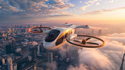 Advanced air taxi flying over city - A modern air taxi with innovative design flies high above a bustling metropolis during sunrise, depicting urban evolution - obrazy, fototapety, plakaty