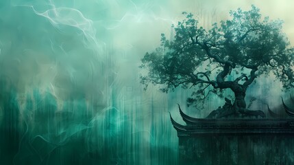 Chinese architecture green tree illustration background poster - obrazy, fototapety, plakaty