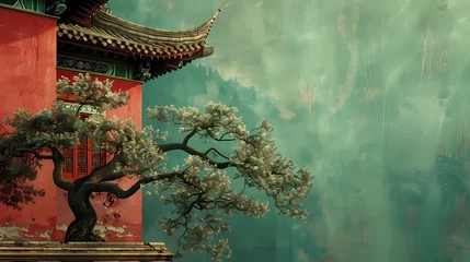 Zelfklevend Fotobehang Chinese architecture green tree illustration background poster © jinzhen