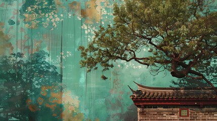 Chinese architecture green tree illustration background poster - obrazy, fototapety, plakaty